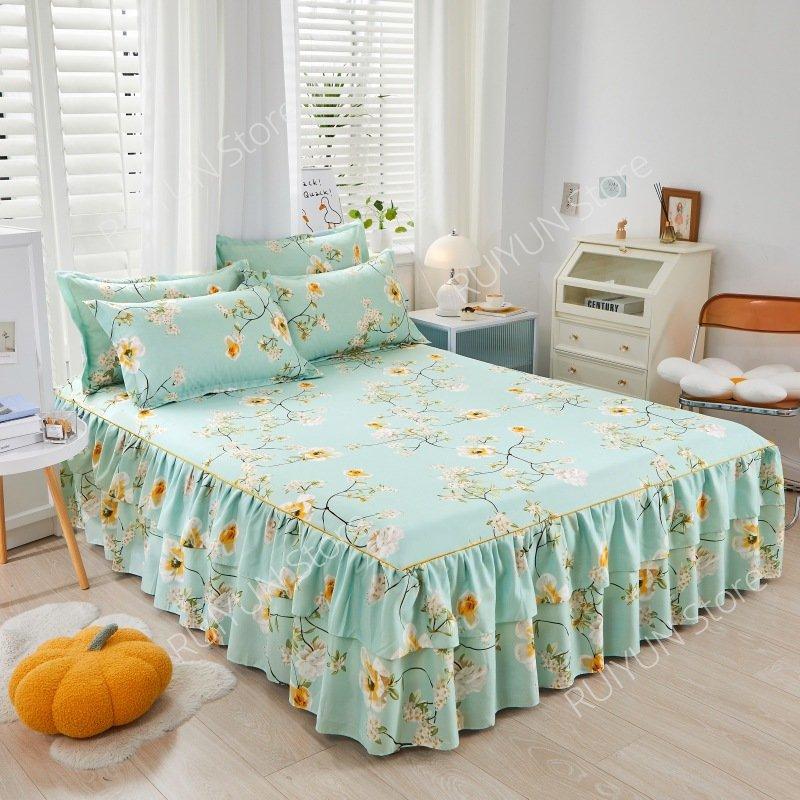 New Princess Printed Double Layers Bed Skirt Non-slip Mattress Cover Home Bedroom Soft Bedspread Bed Skirt Bedsheet Bed Cover