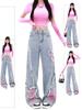 Women's Blue Baggy Butterfly Jeans Vintage Cowboy Pants Harajuku Denim Trousers Aesthetic Y2k Oversize Trashy 2000s Clothes 2024