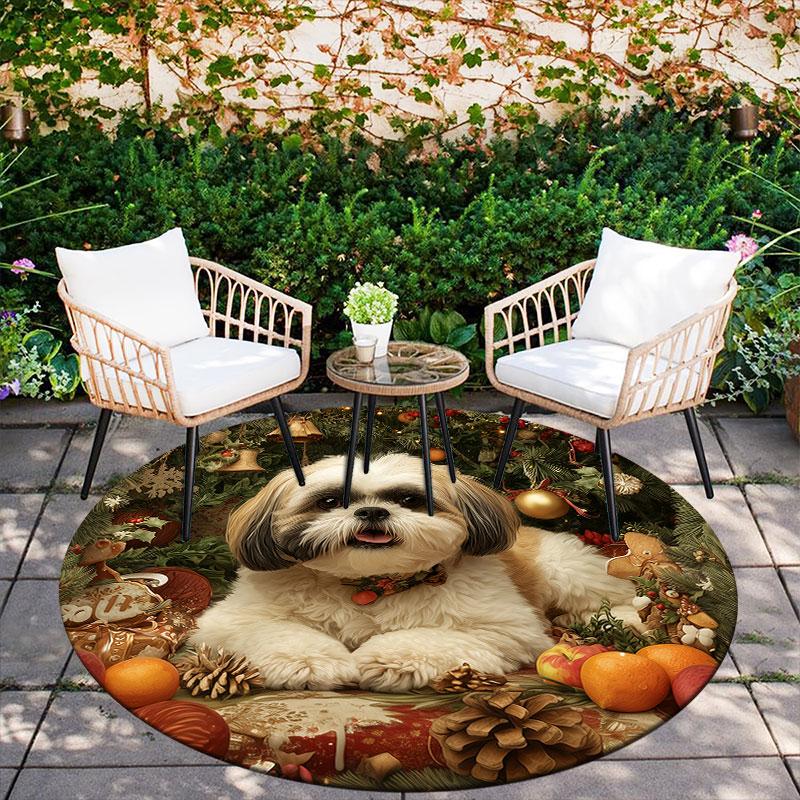 Christmas Shih Tzu pattern round rug,Carpet Rug for Living Room Bedroom Playroom ,Non-slip Floor Mat,Holiday Gifts and Birthday Gifts.