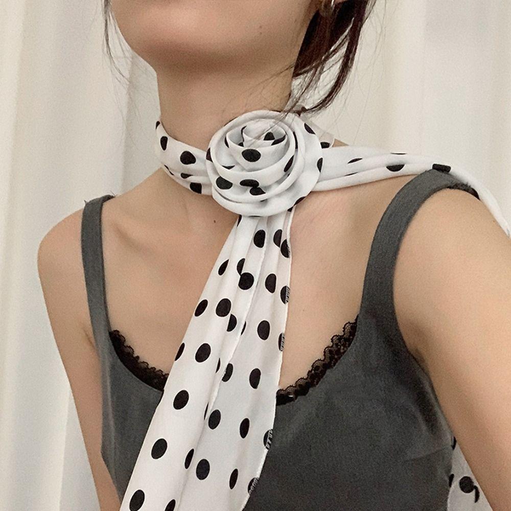 Wrap Polka Dot Scarves Bow Ties Collar Flower Decoration All-match Long Silk Scarf Female