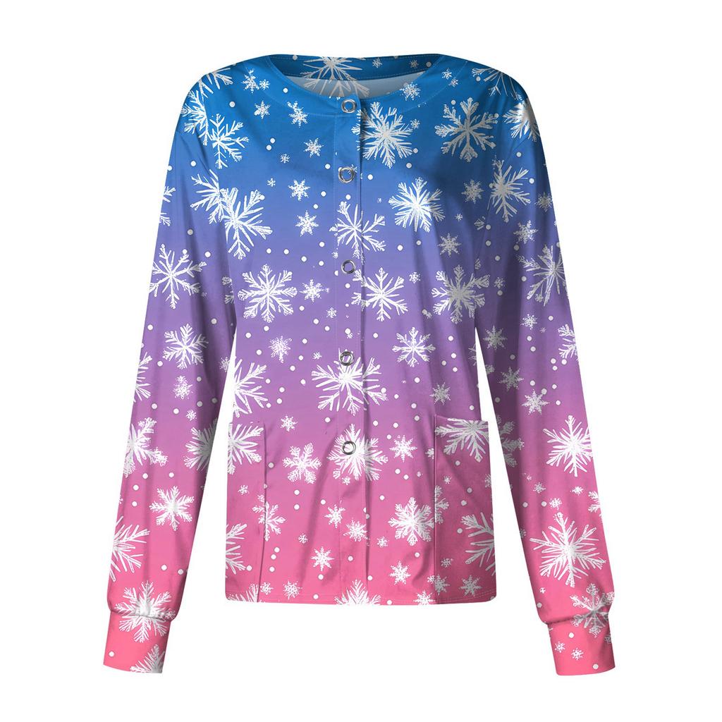 Women's Casual Long-sleeved Single-breasted Christmas Printed Protective Clothing Cardigan Top