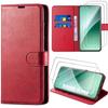 Case + 2 Tempered Glasses for Xiaomi 15 Pro, Protection Flip Case Shockproof Anti-Scratch Synthetic Leather - Red