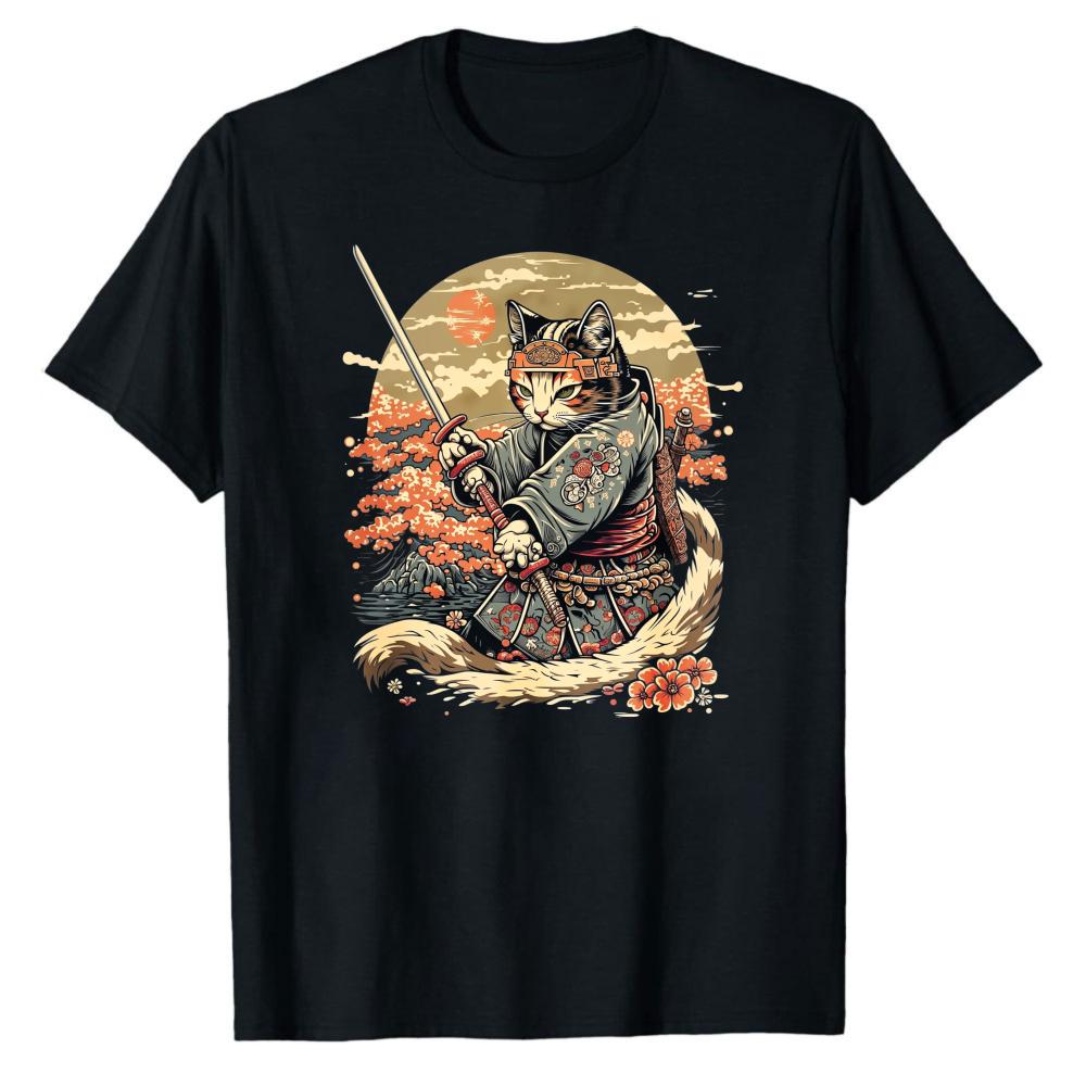 Samurai Cat TShirt Japanese Ukiyoe Cat Samurai Graphic Tee Cherry Blossom Katana Warrior Shirt Aesthetic Cat Lover Gift