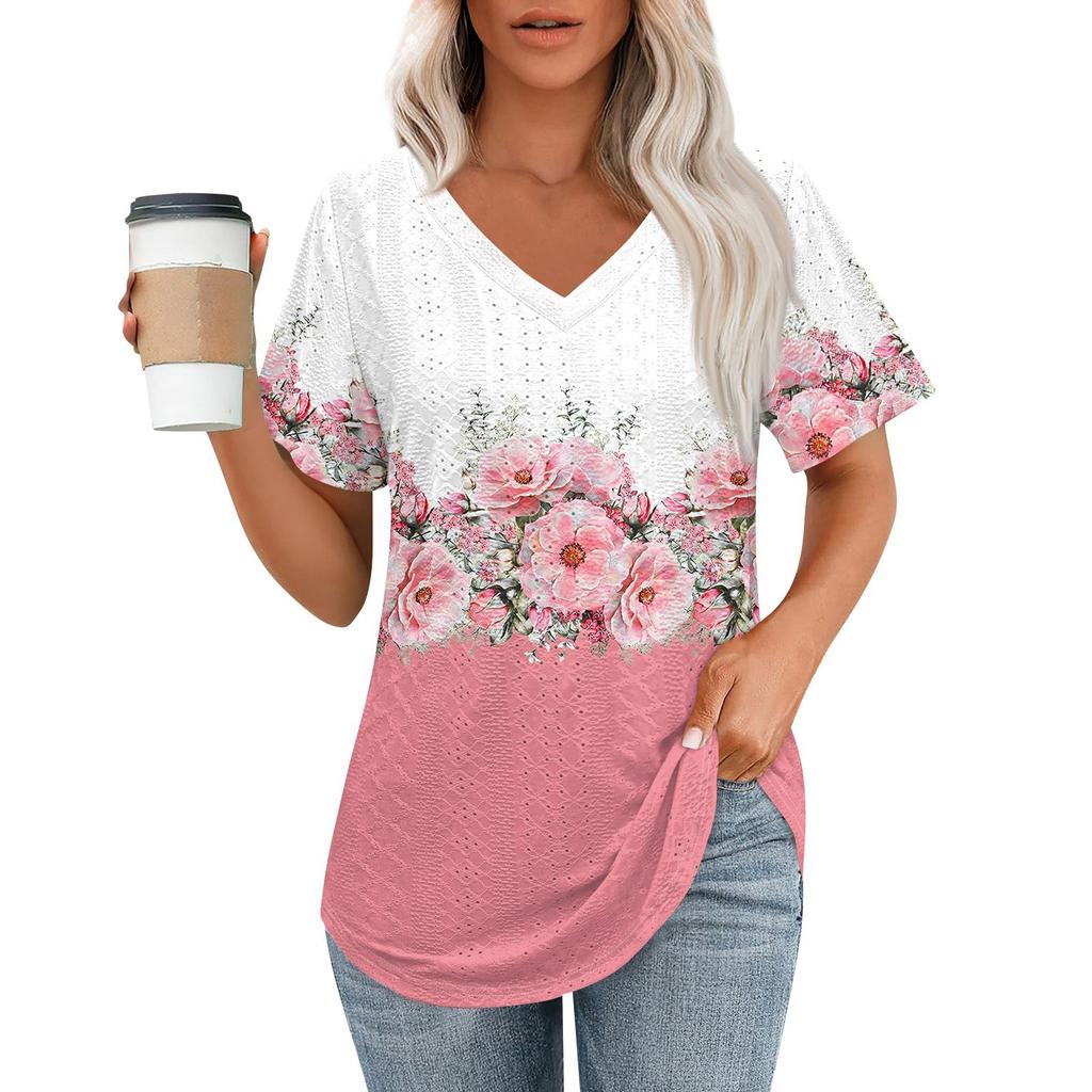 Womens T Shirts V Neck Short Sleeve Casual Tops Loose Fit Basic Tees With Curved Hem