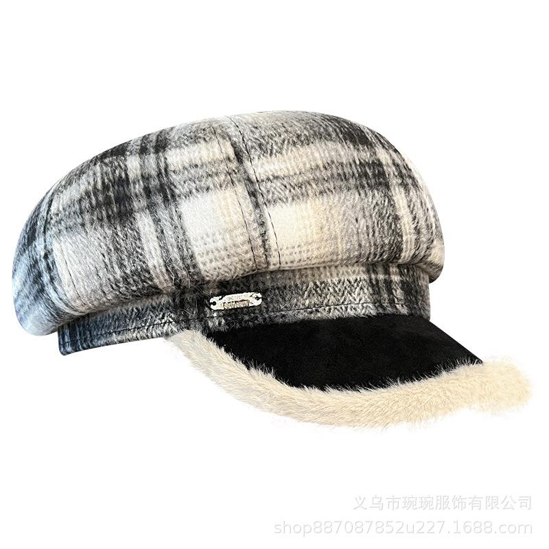 Autumn and winter new fashion plaid woolen octagonal hat women's versatile duck tongue outdoor French warm color matching newsboy hat