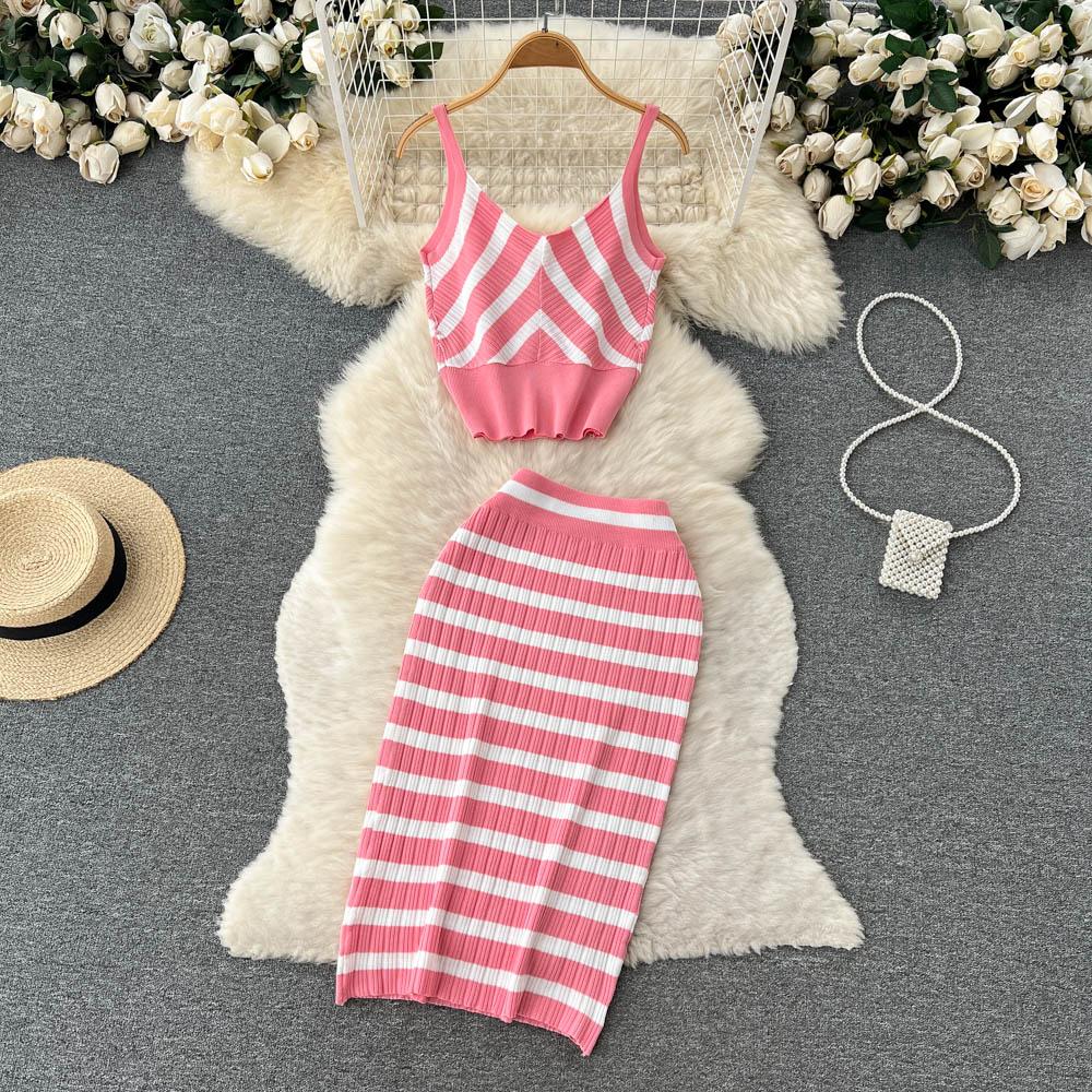 Топ-майка, костюм-двойка, женская летняя юбка средней длины с высокой талией, вязаная