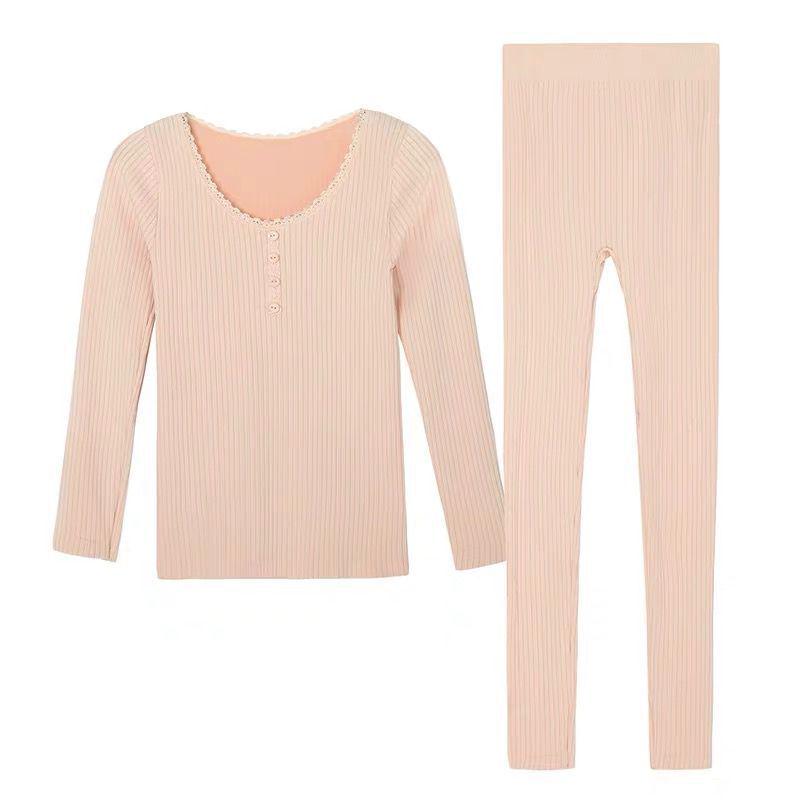 Женский Хлопково-Шерстяной Комплект для Похудения: Полосатые осенние брюки и теплый корректирующий нижний бельевой свитер