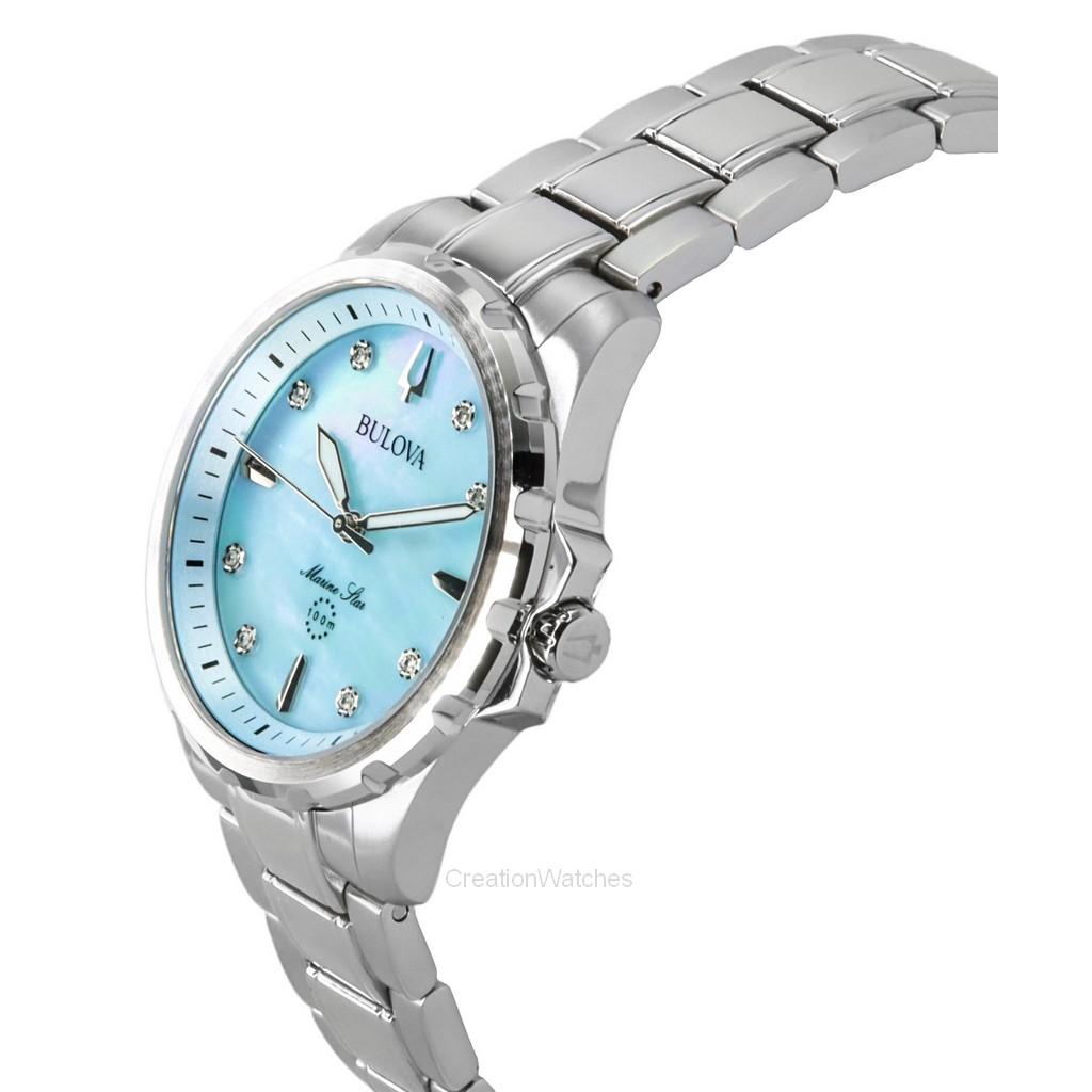 BULOVA Часы женские Marine Star Diamond Accents из нержавеющей стали с голубым перламутровым циферблатом, кварцевые 96P248 100