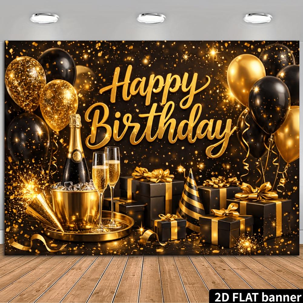Black Gold Cool Birthday Party Banner Backdrop, Balloon Glitter Text Champagne Gift Cap Ribbon, Polyester, Photo Wall Decor