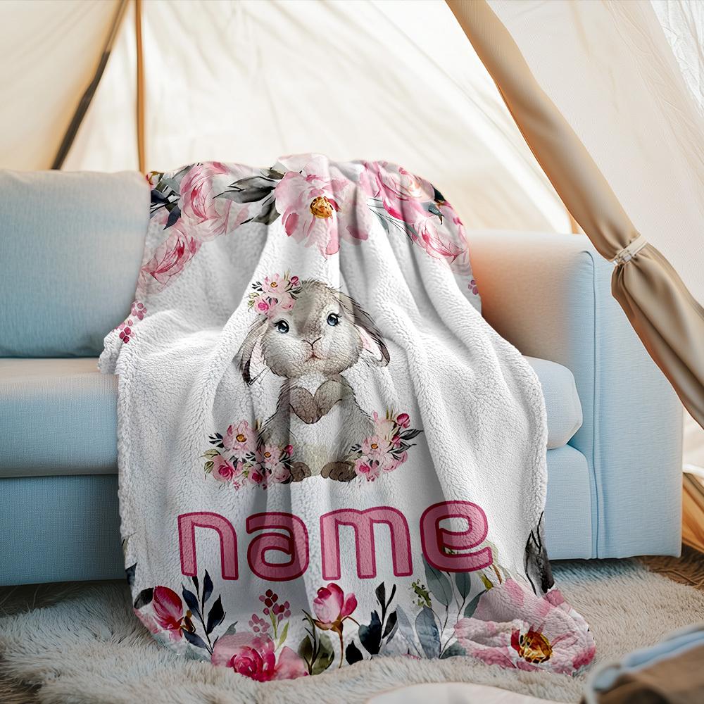 Floral Bunny Outdoor Customize Your Name Blanket Soft Cozy Lightweight Allseason Multiuse Blanket For Travel Camping Picnic Sofa Office Bed Living