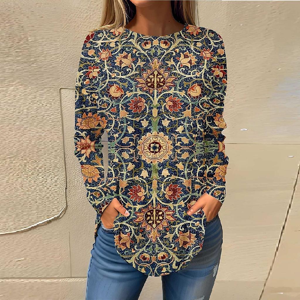 Tee Shirts For Women Fall Casual Long Sleeve Shirts Sweatshirt Retro Printing Top Pullover