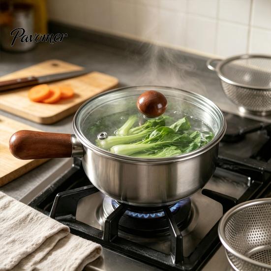 Антипригарное молочное кастрюлька с деревянной ручкой, крышка и ручка для лапши быстрого приготовления, кастрюлька из нержавеющей стали с антипригарным покрытием, совместимая с индукционными плитами, для общежитий