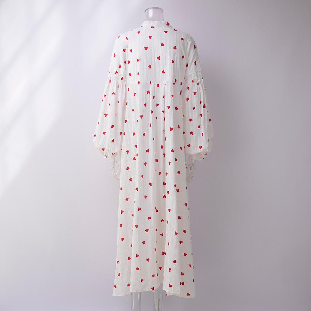 Love Print Dress Women's Spring Summer Splicing Lantern Sleeve Cotton Big Hem Dresses