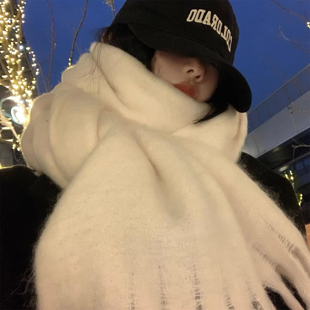 Women's Solid Color Mohair Scarf Korean Style High-End Thickened Warm Neck Wrap Autumn Winter Versatile Shawl