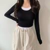 New Arrivals Open Run Crop Long Sleeve T shirT Round Neck Dual Layered sTreTch T
