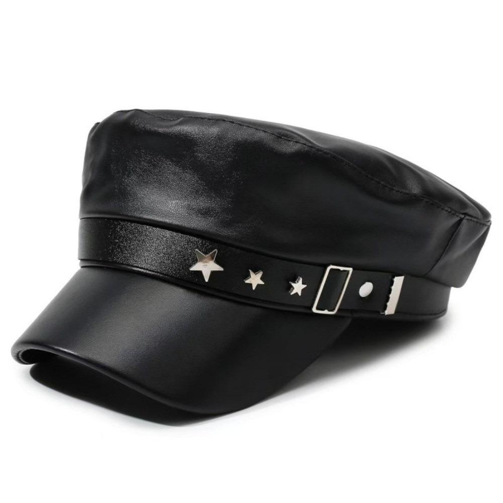 Black Painter Hat PU Leather Newsboy Cap Retro Beret Hat