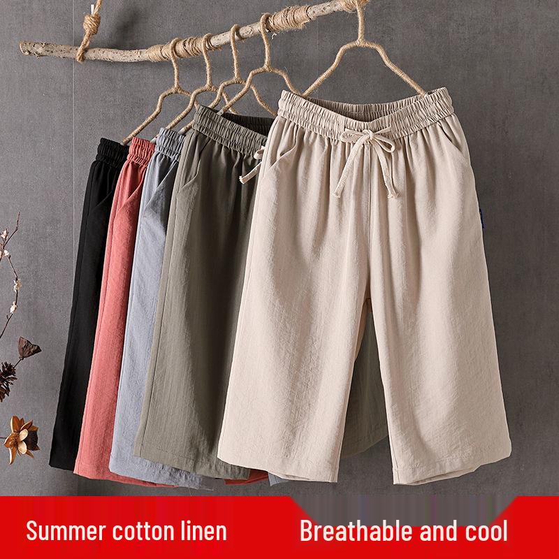 Women's Summer Cotton-Linen Loose Wide-Leg Crop Pants 216 - Plus Size