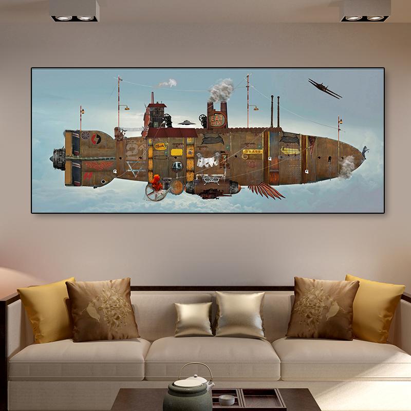 Ретро дирижабль в стиле стимпанк, атомпанк, дизельпанк, фэнтези, холст, картина, настенное искусство, винтажные постеры с космическим кораблем для декора гостиной