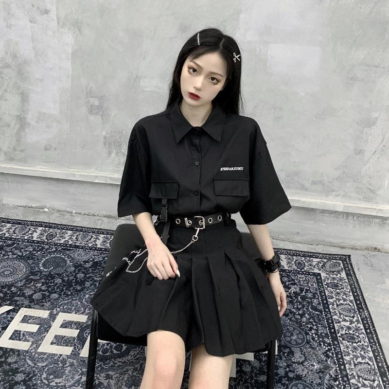 Черная плиссированная юбка в стиле панк, женская мини-юбка в стиле Харадзюку, летняя уличная одежда с цепочкой JK Girl, хип-хоп, корейский стиль