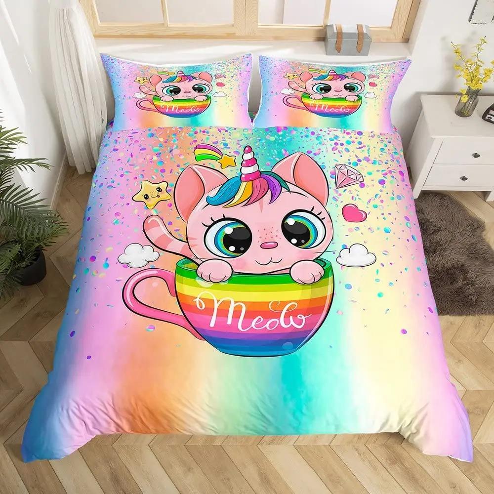 Rainbow Unicorn Duvet Cover Cute Dreamy Horse Comforter Cover Cartoon Little Unicorn Bedding Set Twin For Girl Teen Kawaii Gifts