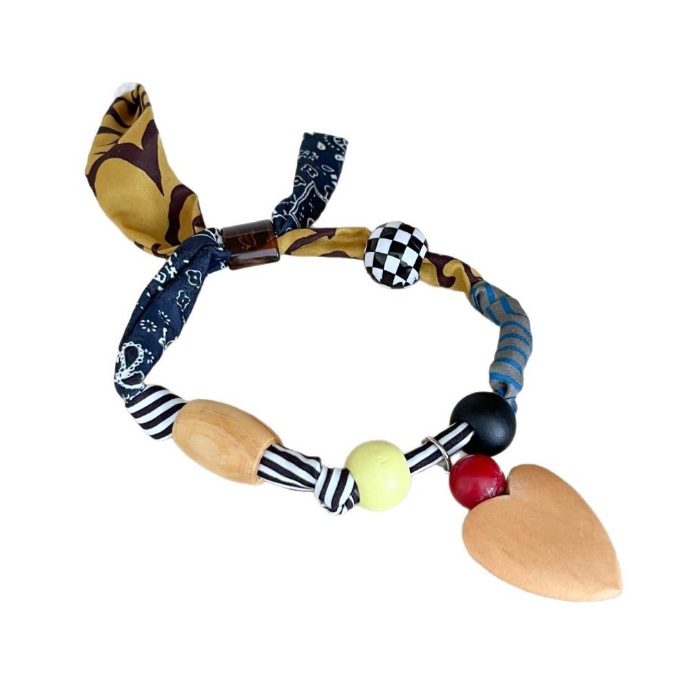 Love Pendant Wood Bead Necklace Multicolor Bohemian Choker Patchwork Cloth Chain Necklace Gift