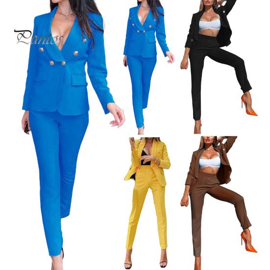 Женский комплект из 2 предметов: пальто и брюки, однотонный кардиган с длинными рукавами и лацканами, куртка средней длины с брюками и высокой талией, деловой деловой наряд для поездок на работу