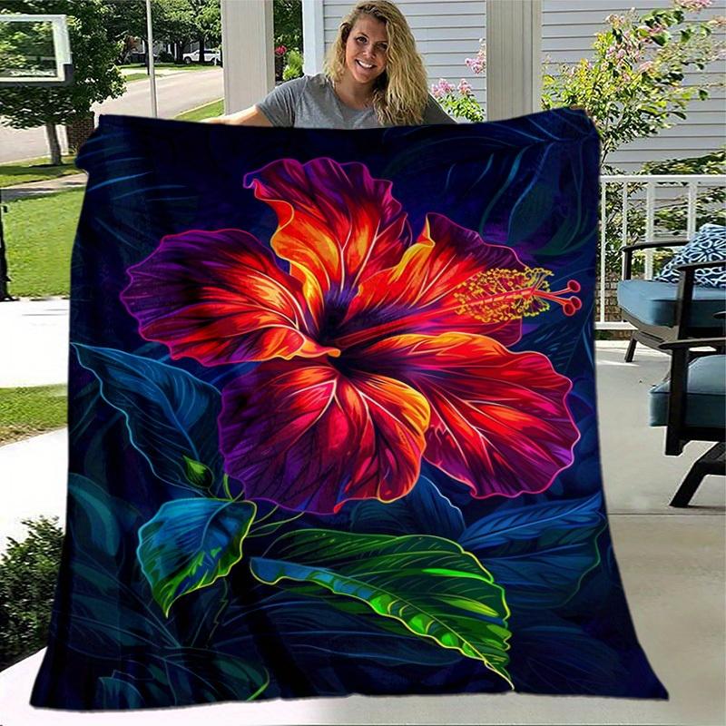 1pc. Vibrant Hibiscus Flower Print Blanket - Perfect for Home Decor, Office Use, Outdoor Activities, Gift Idea,