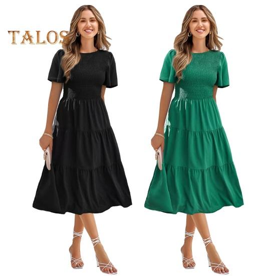 Женское платье миди с короткими рукавами и сборками, летнее длинное плиссированное платье с круглым вырезом, повседневное многослойное струящееся платье А-силуэта