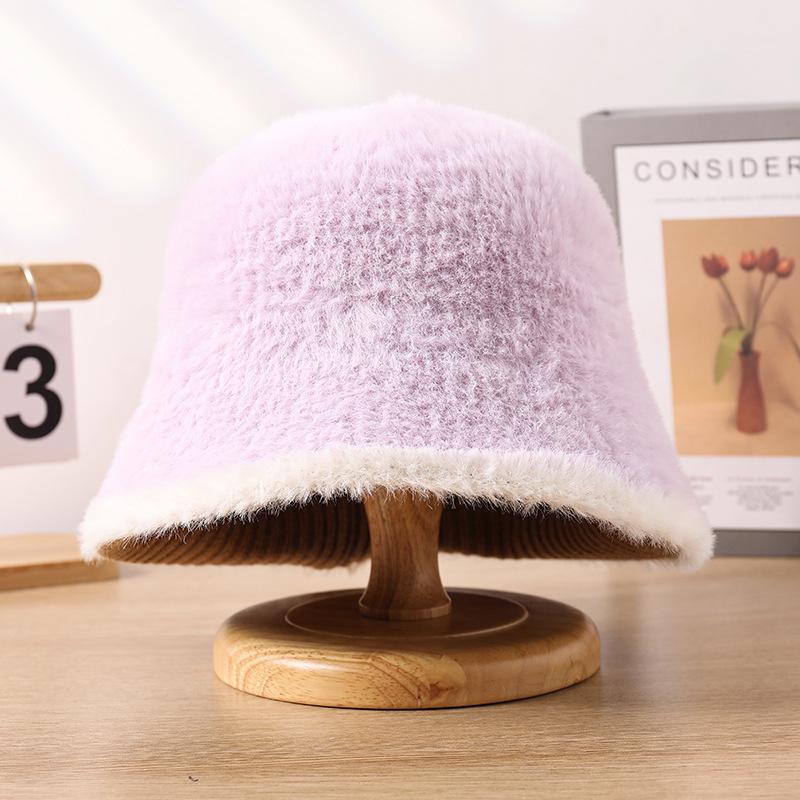 Rabbit Fur Hat Female Face Small Fluffy Bucket Hat Versatile Cold Warm Basin Hat Plush Bucket Hat