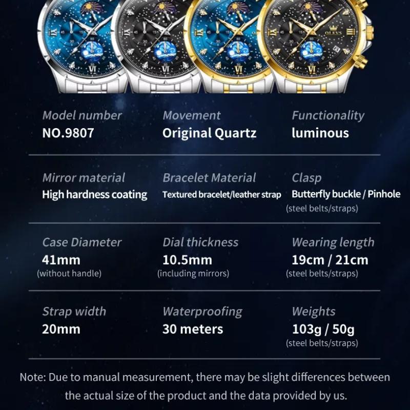 Men's Quartz Multifunctional Chronograph Watch Stainless Steel Waterproof Luminous Diamond Studded Starry Sky Watch
