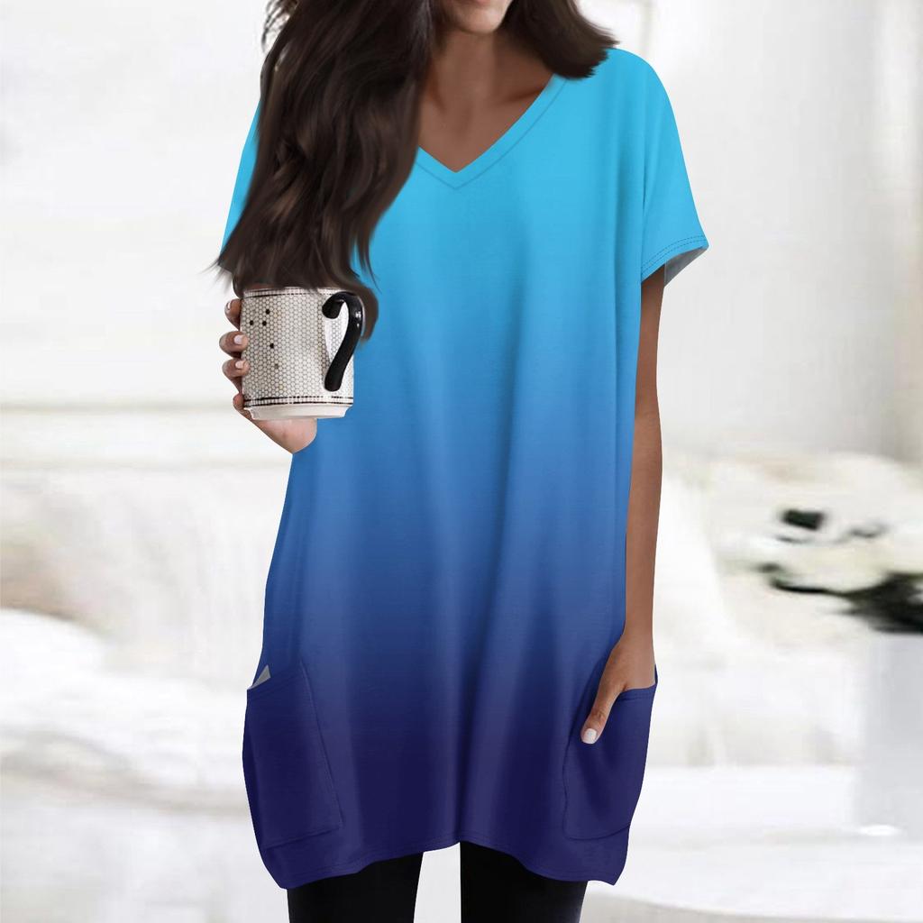 Женские топы с V-образным вырезом, блузки с коротким рукавом, повседневные рубашки средней длины, модные туники с принтом и карманами