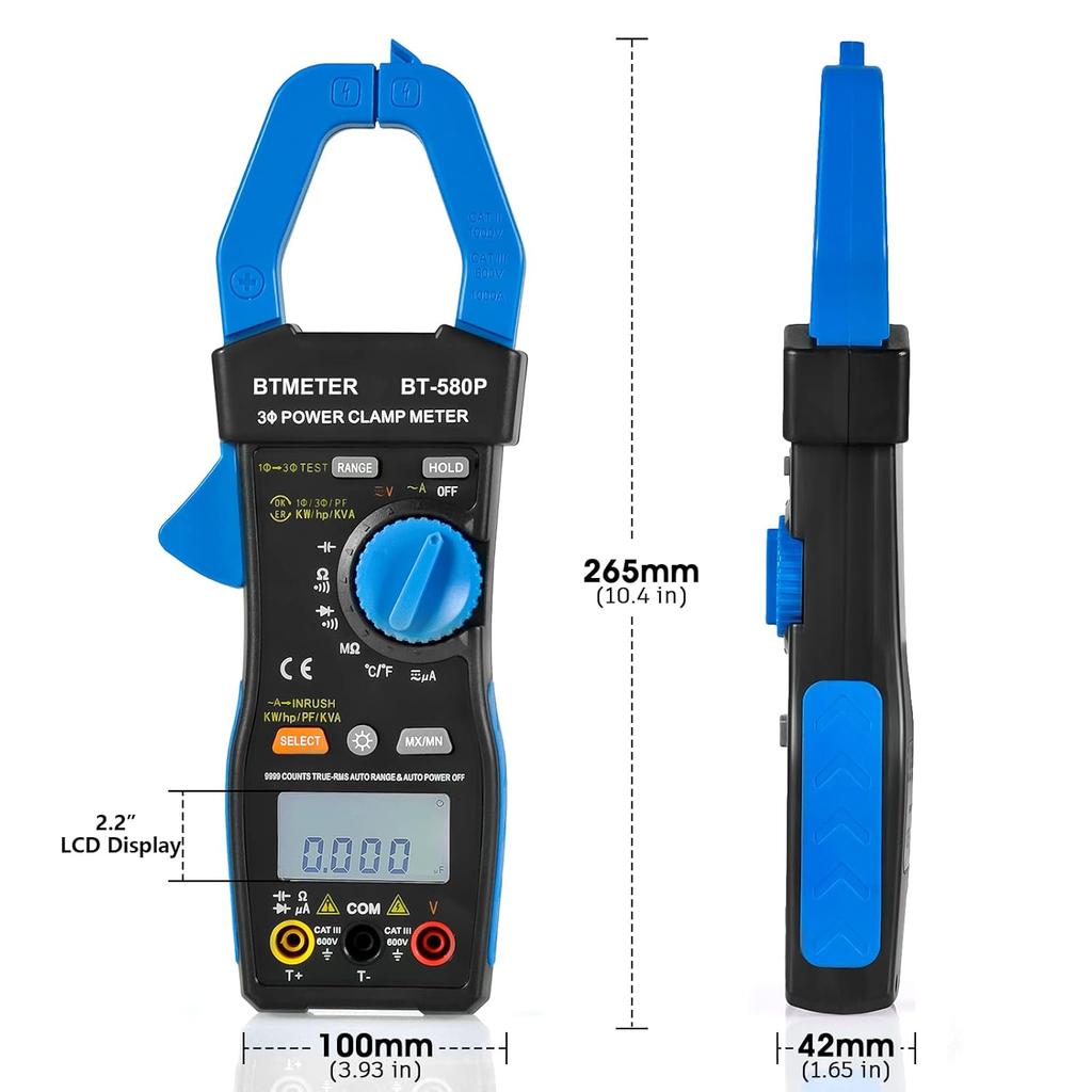 BTMETER 580P 3-Phase True-RMS Power Clamp Meter, 9999 counts. Supports AC/DC voltage & current, KW/HP, power factor, KVA/VAR, inrush current and