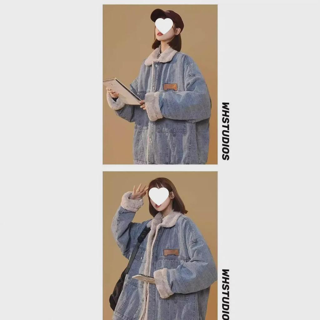 Женская джинсовая куртка из овечьей шерсти в гонконгском стиле 2024 года: Толстое, свободное, теплое зимнее пальто