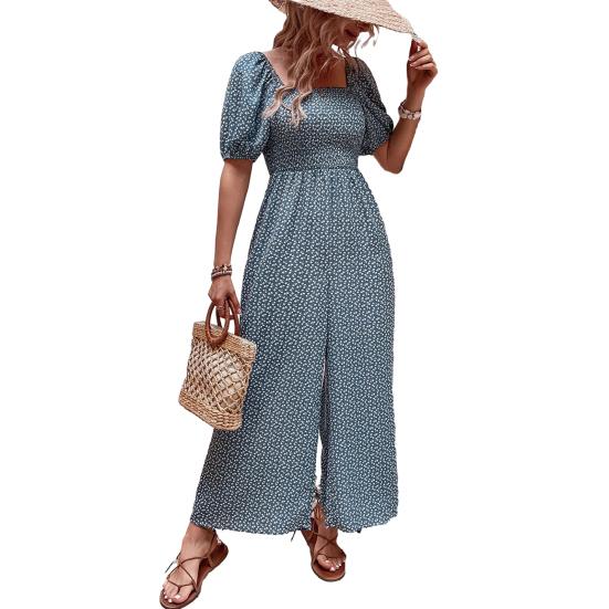 Женский комбинезон с квадратным вырезом и цветочным принтом, короткие рукава, широкие брюки, летний комбинезон