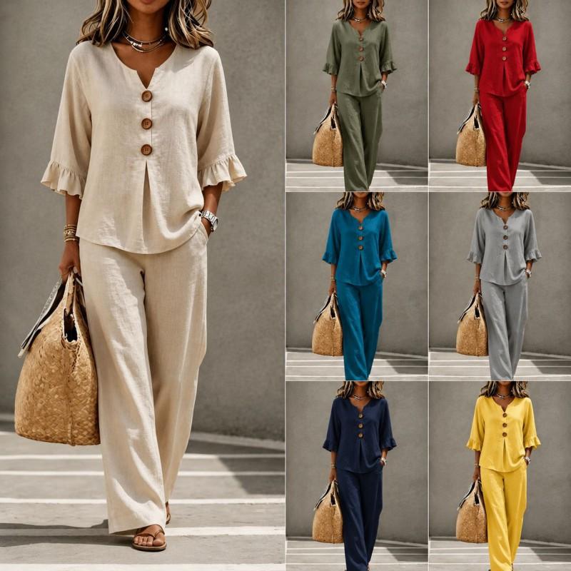 2026 Womens Casual Button V-Neck Ruffled 3/4 Sleeve Top Pants Set
