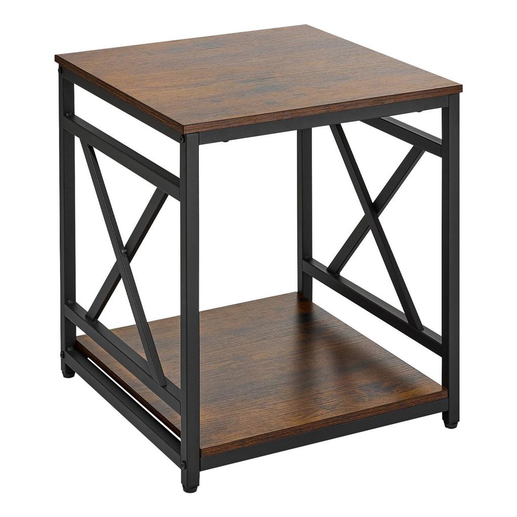 End Table, 2-Tier Square Side Table with Open Storage Shelves, Modern Nightstand Bedside Desk with X-Design Metal Frame, Wood Sofa Coffee Desk for