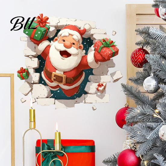 Seasonal Wall Art 3D Santa Claus Christmas Decals, Break Through Reindeer Removable PVC Window Stickers, Winter Holiday Decorations for Living