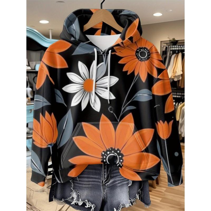Womens Oversized Hooded Long Sleeve Sweatshirt With Floral Plaid Print Comfortable Breathable Casual Top