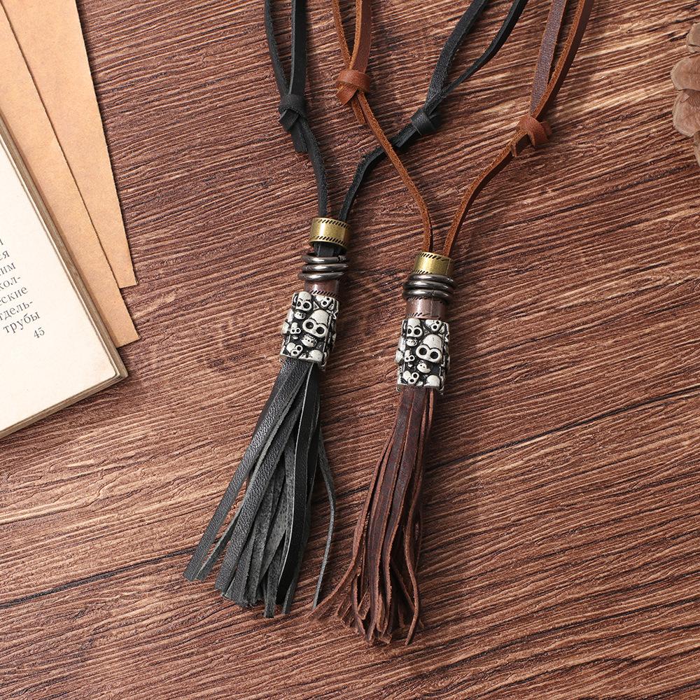 JMXD Vintage Leather Fringe Skull Multi-Strand Long Necklace Punk Rock Statement Charm Fashion Accessory Unisex
