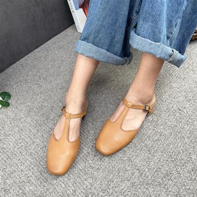 Однотонные сандалии без шнуровки из натуральной кожи с круглым носком, повседневные универсальные женские тапочки