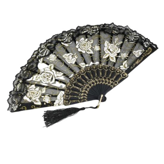 Rose Lace Folding Fan with Tassel Vintage Wedding Dance Performance Photo Props Portable Summer Hand Held Fan Party Supplies Gift