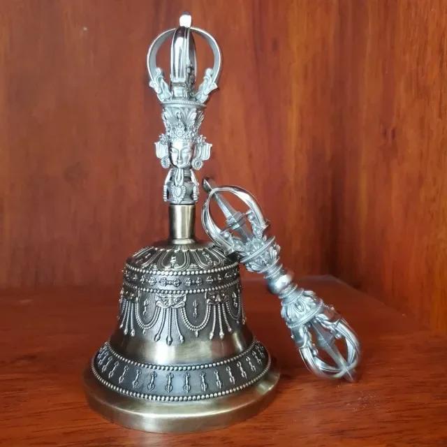 1PCS Craftsmanship Tibetan White Copper Diamond Bell and Pestle Precision Nine Leg Bell Feng Shui Ornament