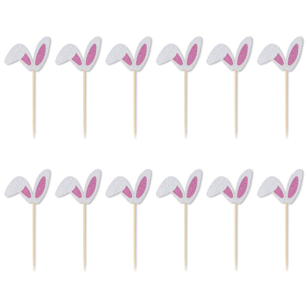 12Pieces Rabbits Ear Cupcake Toppers Easters Cake Decoration Set Easters Cake Picks Set Suitable for Party Celebration