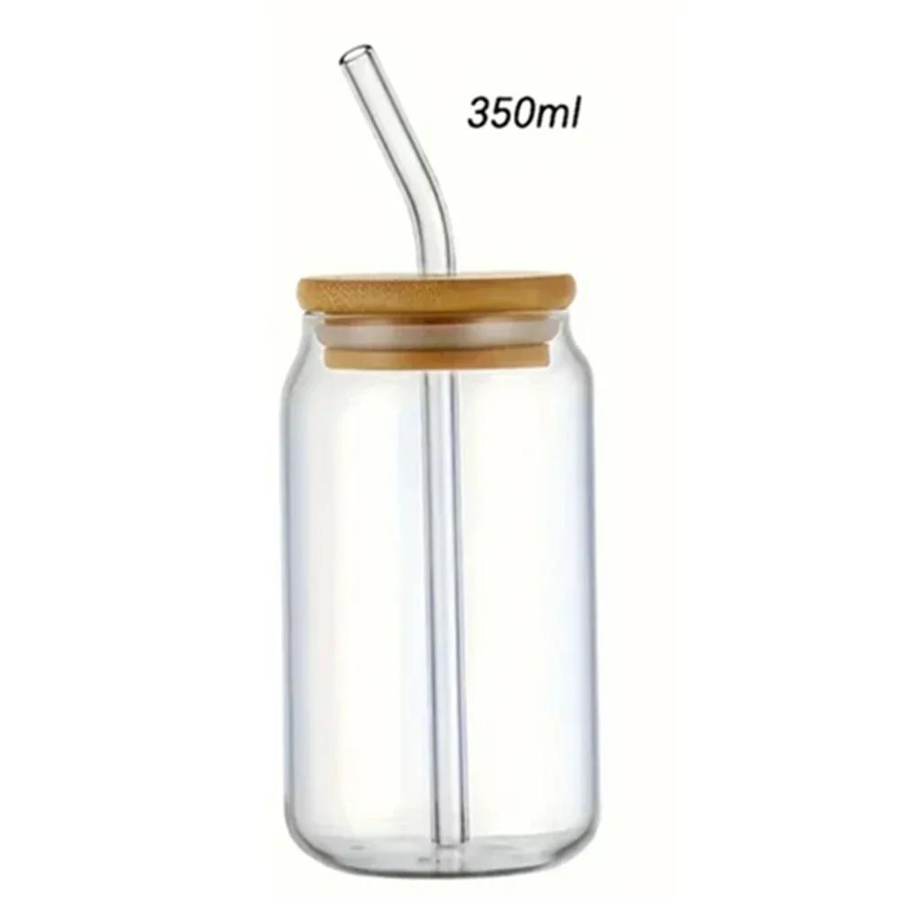350ml/550ml Glass Cups with Bamboo Lids and Straw 1pc Mason Jars Coffee Mug Beer Can Shaped for Cocktail Whiskey Milk Juice Cola