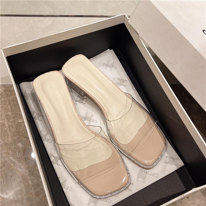 Summer New Transparent High-heeled One-word Cool Slippers Women's Outer Wear Fashion Crystal Thick-heeled Sandals Versatile and Half-mop