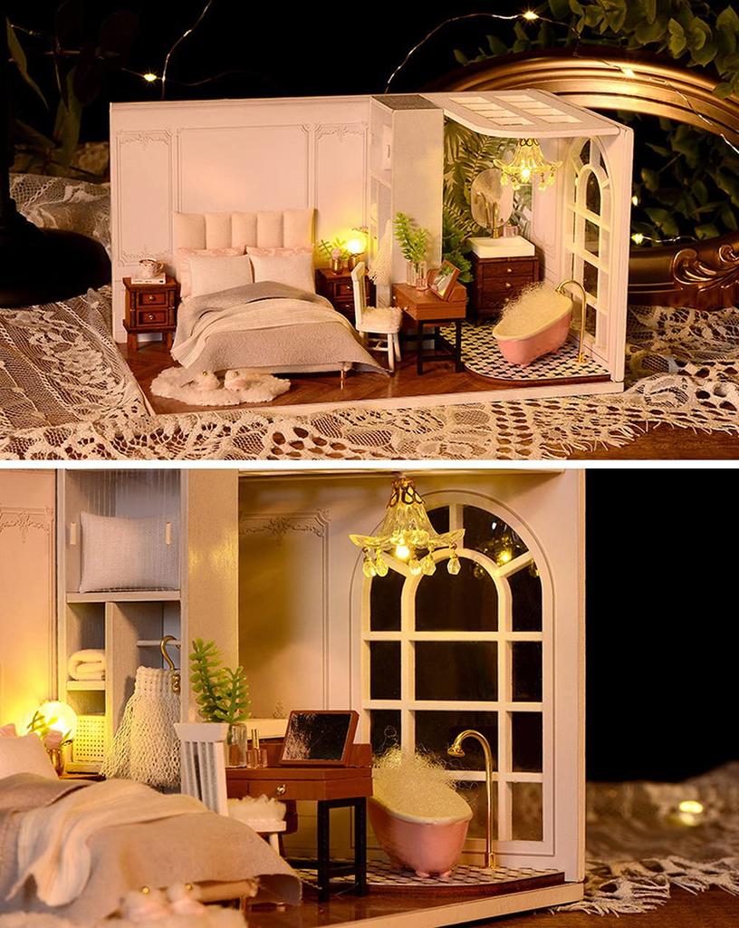 moin moin Scale Dollhouse Miniature DIY Kit Modern Antique Style with LED Light and Acrylic 2107DH269 1/32 Set, "Happy Days" Hotel, Bedroom, White,