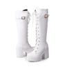 New Style  Spring Autumn Lacing Knee High Boots Women Fashion White Square Heel Woman Leather Shoes Winter Large Size 43