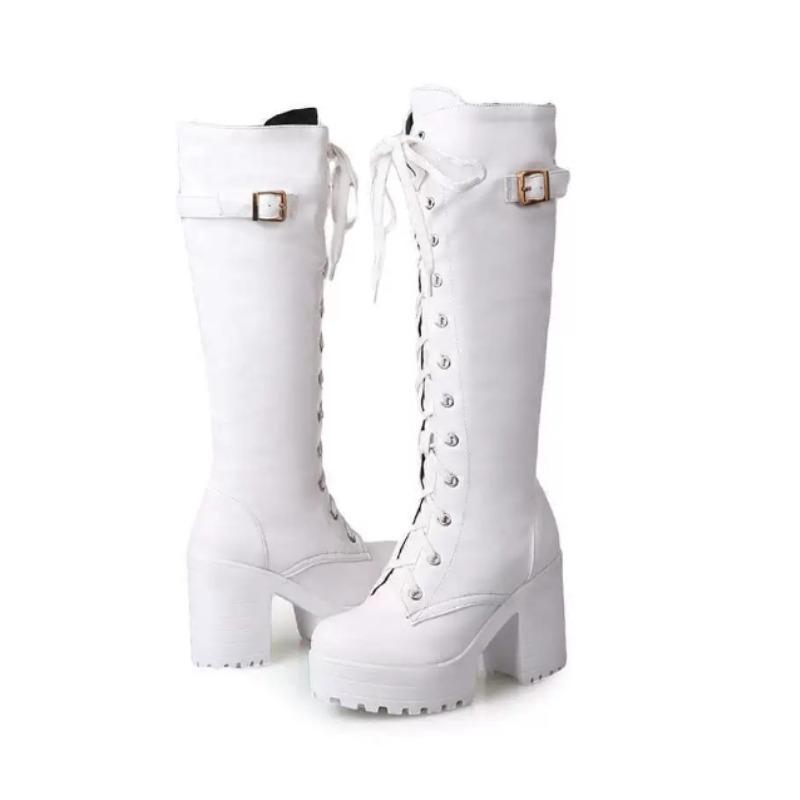 New Style Spring Autumn Lacing Knee High Boots Women Fashion White Square Heel Woman Leather Shoes Winter Large Size 43