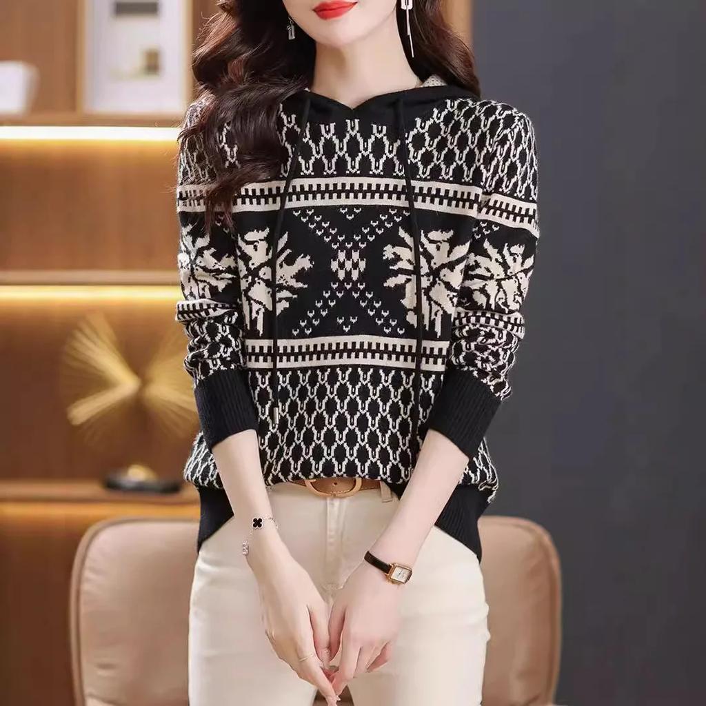 Осень-зима, новая женская жаккардовая толстовка с кепкой, стильный топ с круглым вырезом, замедляющий старение, для ценителей моды