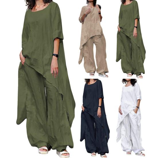 Женский комплект из двух предметов из хлопка и льна, повседневные однотонные рубашки с рукавами 3/4, широкие брюки, костюм для свободной посадки, летняя одежда